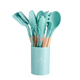 k11pcs Wooden Handle Silicone Kitchen Utensils Set Storage Bucket Non-stick Shovel Spoon Cooking Kitchen Utensils 11 Pieces Set Silicone Shovel Spoon (Color: Dark Green)